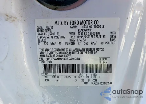 2016 Ford F250 Super Duty from USA, damaged, VIN 1FT7X2B61GEC94058